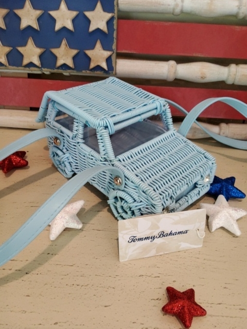 Tommy Bahama Light Blue Jeep Wicker Bag